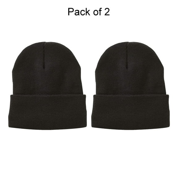 Sportsman Unisex 12" Sherpa Lined Cuffed Beanie Winter Fleece Hats Solid Cap GR12 (Black 2 Pack)