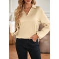 thumbnail image 2 of Solid Color Collared V Neck Cutout Twist Back Blouse for Women Beige Medium, 2 of 5