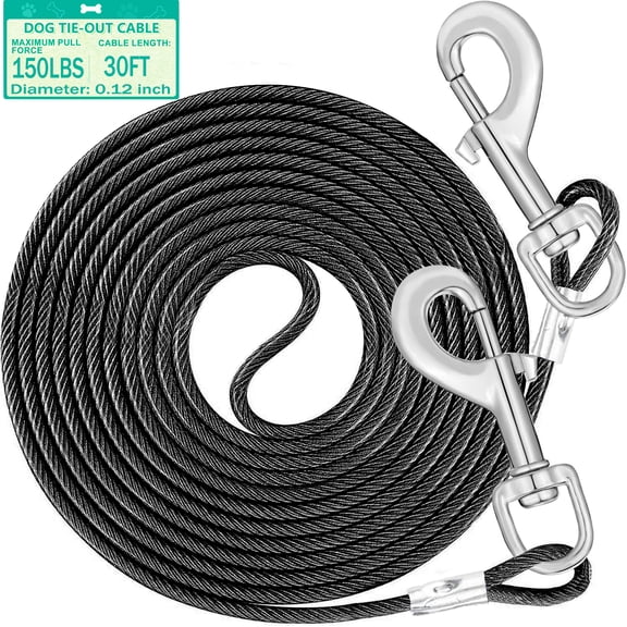 30ft Dog Tie Out Cable for Dogs up to 150lbs,Reflective Vinyl-Covered Dog Lead Rnner for Yard with Dual Metal Snap Hooks, Heavy Huty Dog Chain for Outside ,Camping