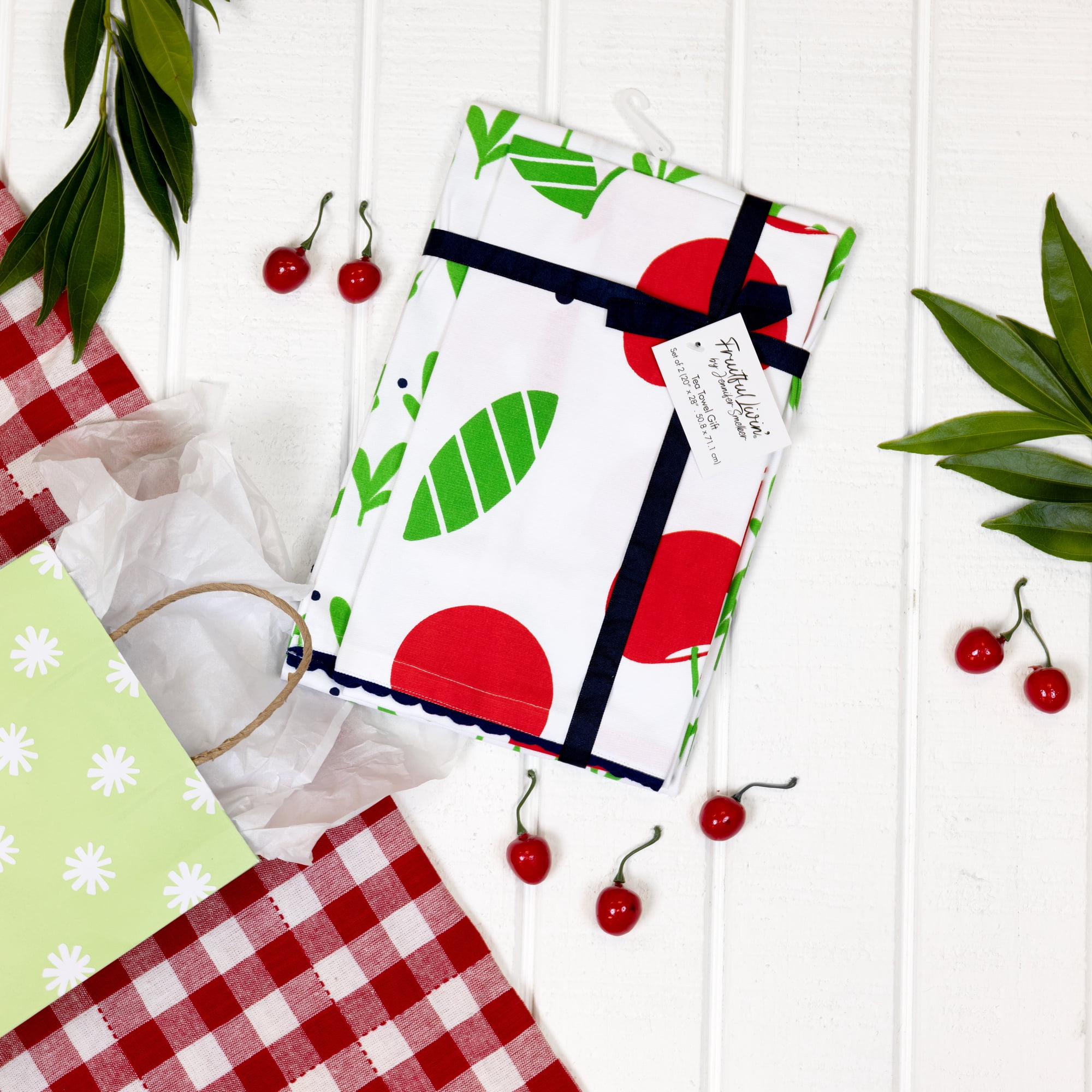 Pavilion - Cherries - Set of Two 20" x 28" Decorative Tea Towels - Vintage Summer Cherry Polka Dot Fruit Kitchen Decor