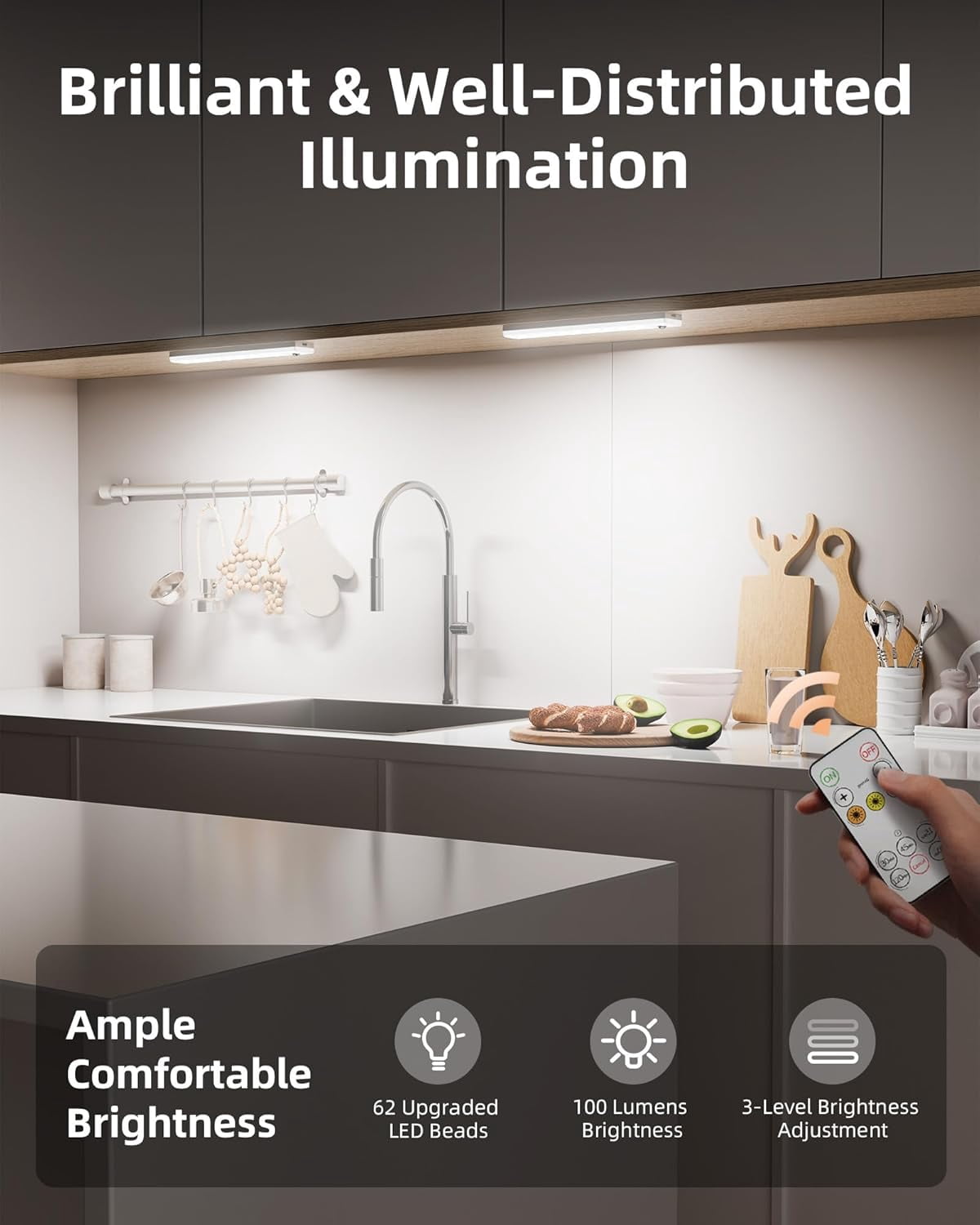 62LED Under Cabinet Lighting with Charging Station 6 Pack, 2000mAh Rechargeable Battery Operated Motion Sensor Light, 3 Color Temps, Dimmable Wireless Closet Lights w/Remote for Kitchen, Pantry