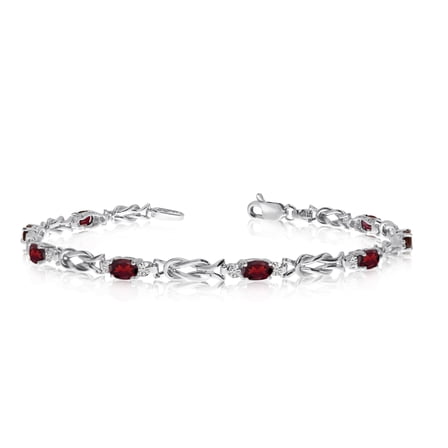 14K White Gold Oval Garnet Stones And Diamonds Tennis Bracelet, 7"