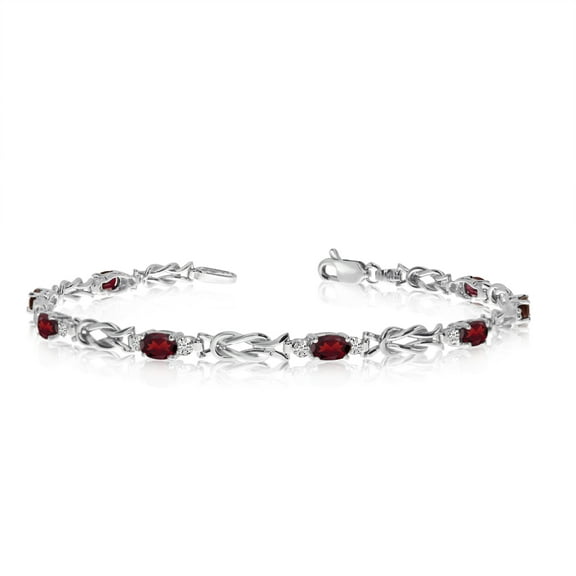 14K White Gold Oval Garnet Stones And Diamonds Tennis Bracelet, 7"