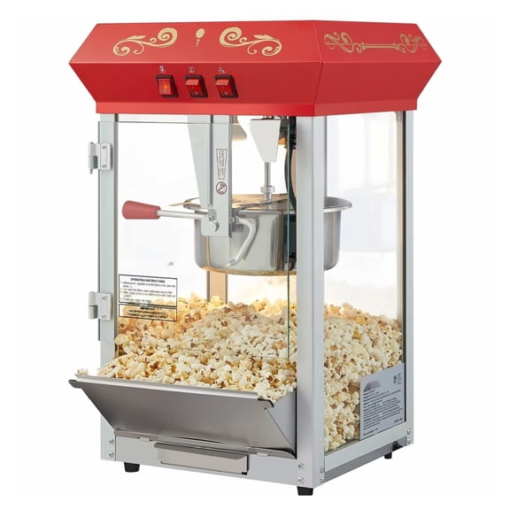 Popcorn Popper Machine 8 Oz Red - 850W Countertop Popcorn Maker, 48 Cups Capacity, Commercial Grade, Warming Light & Stirrer, Easy Clean