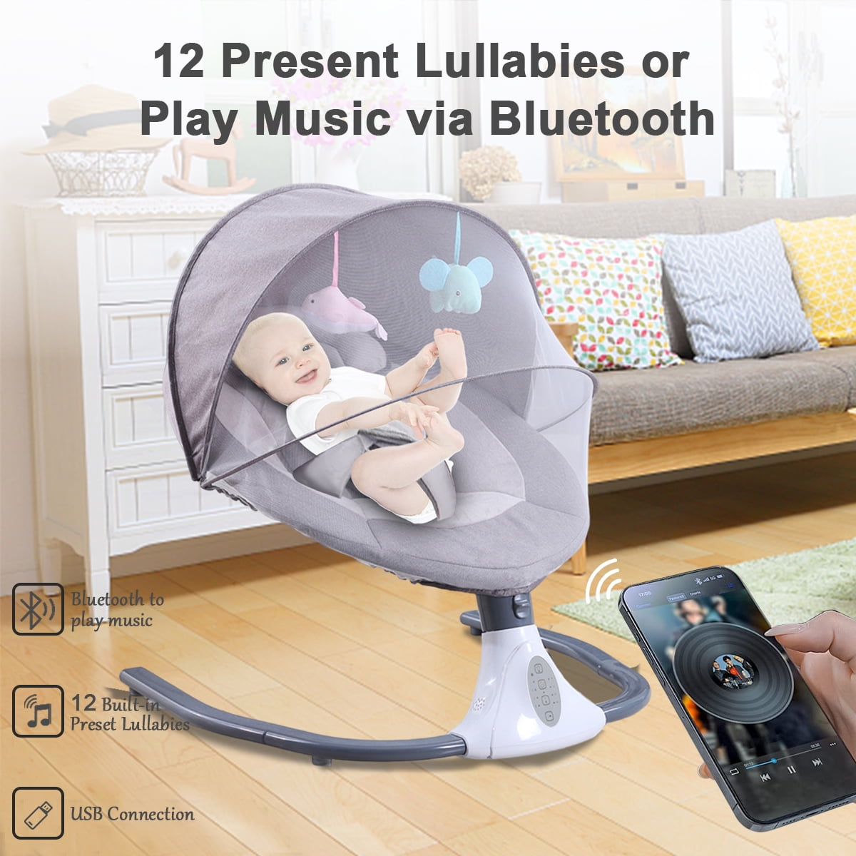 FACNOATIHN Electric Baby Swing, Infant Bouncer Chair Rocker with 12 Lullabies, Bluetooth Music, Adjustable Speeds, 4 Timing Set, Unisex, Gray