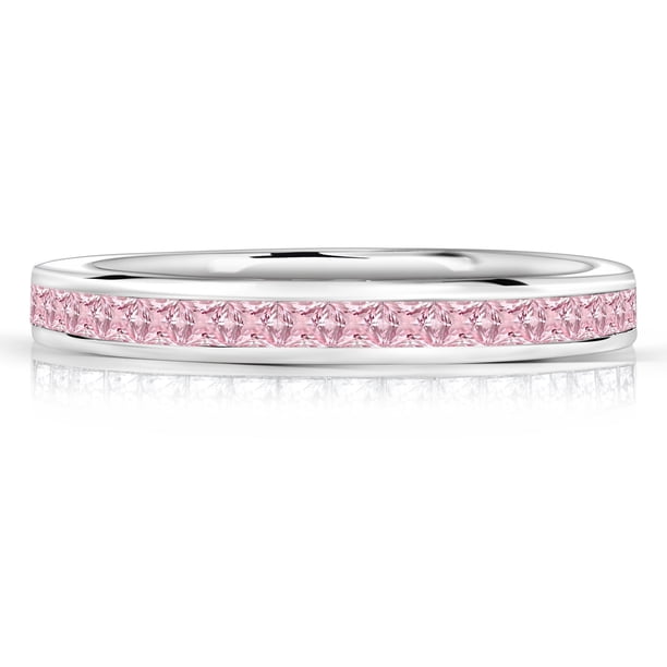 JeenMata Alianza de Bodas con Piedra Natal de Octubre de Corte Princesa de 0,25 Quilates: Banda con Canal Pavé, Baño de Oro Blanco de 18 K sobre Plata