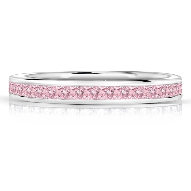 JeenMata Alianza de Bodas con Piedra Natal de Octubre de Corte Princesa de 0,25 Quilates: Banda con Canal Pavé, Baño de Oro Blanco de 18 K sobre Plata