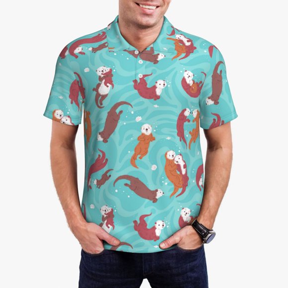 Vsdgher Famille de Loutres de Mer dans l'Eau Bleue Chemises Polo pour Hommes, Chemise Polo Extensible à Manches Courtes pour Hommes, Chemises pour Hommes-TG