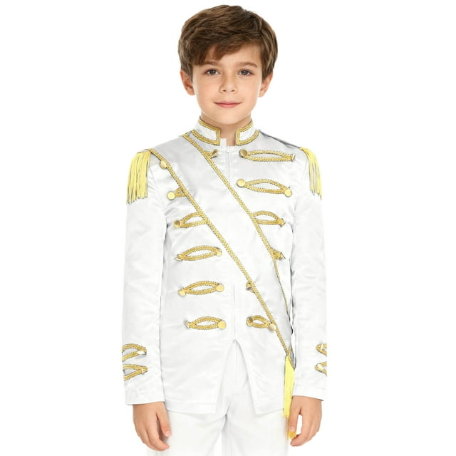 Moggemol Veste de Batteur Style Militaire pour Enfants, Épaules à Franges Brodées Royales, Fermeture Éclair au Cou avec Ceinture Croisée, Blanc 8
