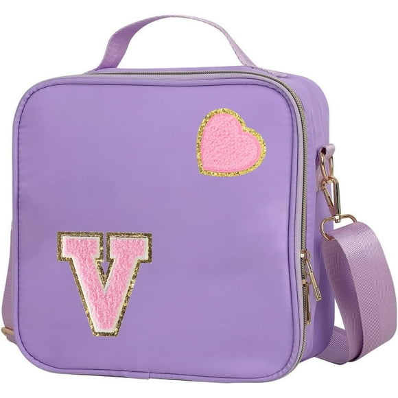 shiyou-Insulated Nylon Lunch Box for Girls, Kids, and Women-Stylish Purple Preppy Large Lunch Bag with Adjustable Strap (Letter V), Tote for School, Travel, and Picnics-Ideal Preppy Stuff Choice