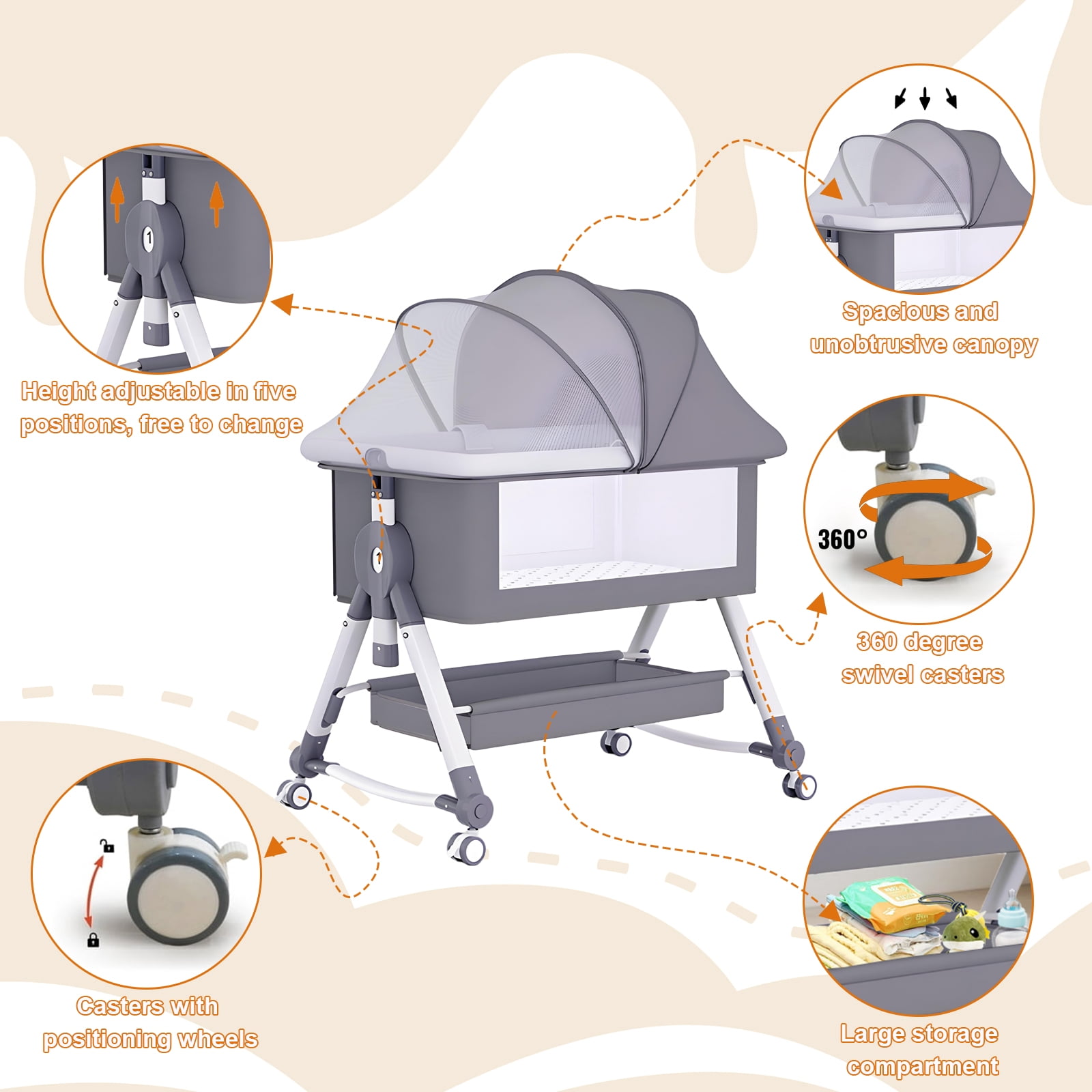 ManyFun 5 in 1 Wide Baby Bassinet Bedside with Diaper Changer with Height-Adjustable and Wheels,Gray