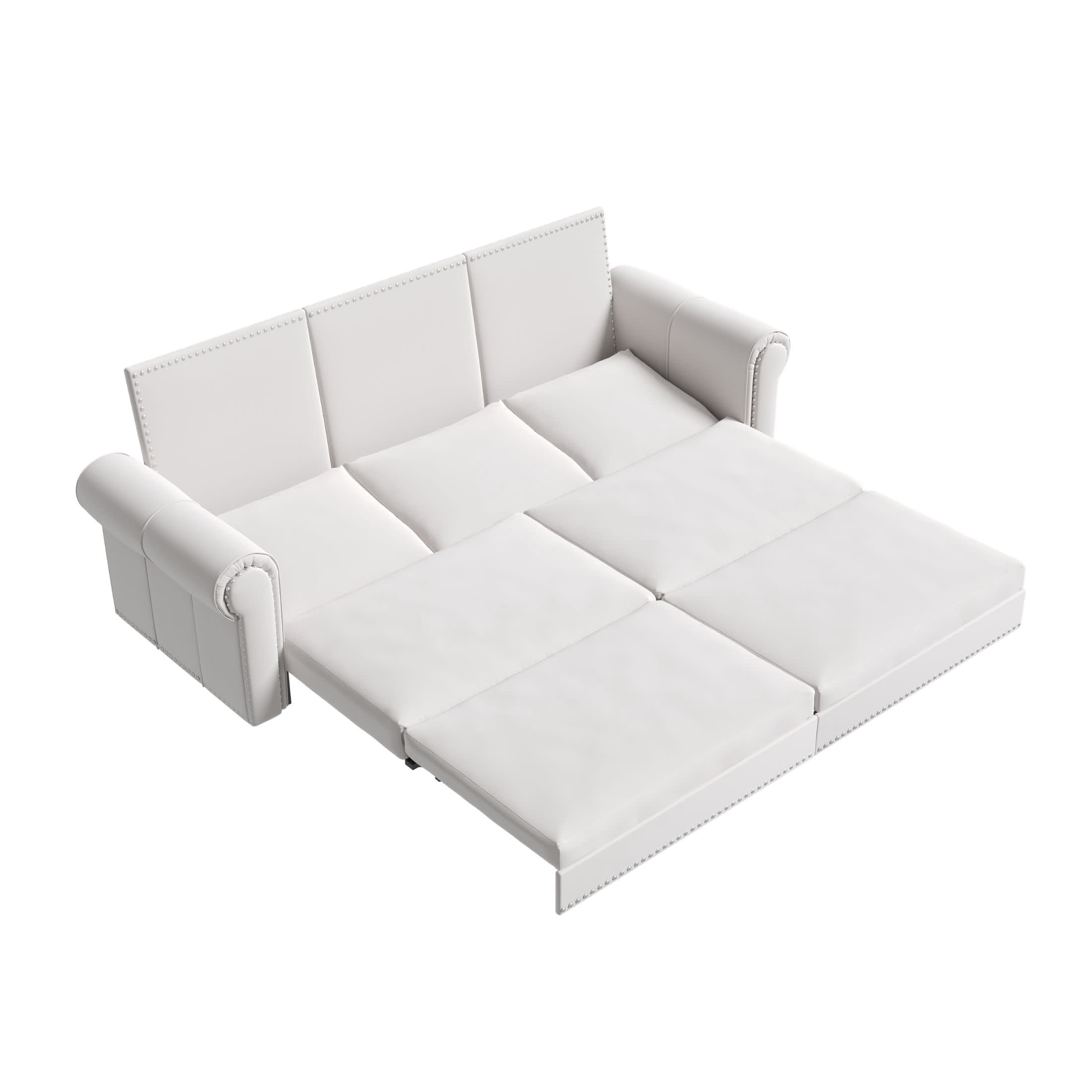 Noble House Lexair Velvet Chesterfield Pull Out Sofa Bed, 3-in-1 King Sleeper Couch with Nailheads & Rolled Arm, Beige White