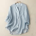 thumbnail image 2 of Feancey 3/4 Sleeve Cotton Linen Tops for Women Solid Colid Loose Henley Shirts Button Down V Neck Mid Length Blouses Summer Casual Shirt with Pockets, 2 of 3