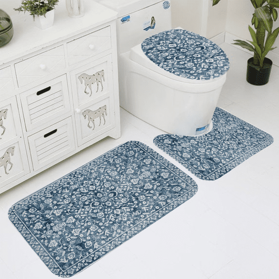 Blue & White Vintage Floral 3-Piece Bath Rug Set, Non-Slip Polyester Bathroom Mats, Washable Low-Pile Accent Rugs for Toilet, Entryway, Kitchen & Bedroom