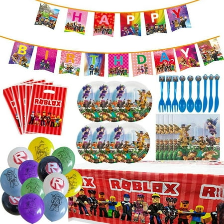 Roblox Theme Party Supplies Tableware Set Roblox Table Cover Plates Napkins Gift Bags Birthday Banner Balloons Utensils Complete Birthday Party Decorations Supply Pack Serves 10 Guests Walmart Canada - roblox party table cover