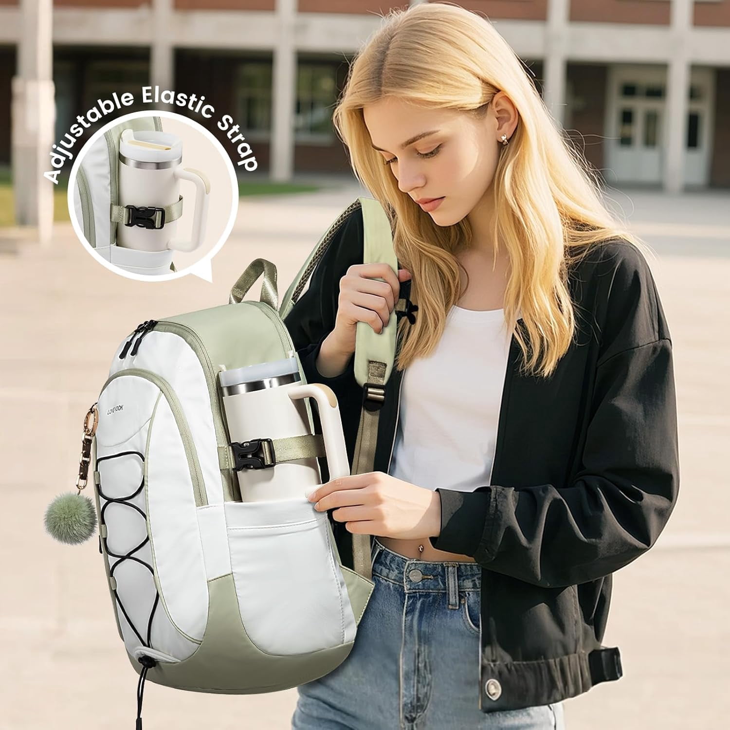 LOVEVOOK Laptop Backpack for Women with Pouch Pocket for Large Capacity Cup,15.6 Inch Work Computer Laptop Bag College Teacher Backpack Purse,Lightweight Travel Hiking Overnight Bag,White-Bean Green