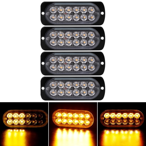 Lot de 4 12 Lumières Stroboscopiques Ambre à DEL Véhicules Camions Trousse de Lumières Stroboscopiques d'Urgence 12V -24V Balise Avertissement Danger Flash Lumières Stroboscopiques Barre Gril