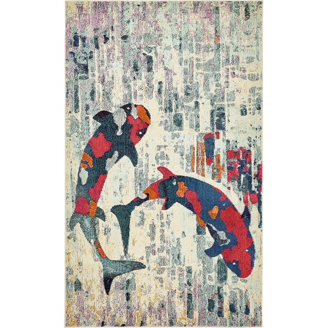 Unique Loom Positano Collection Tapis de Pêche Moderne Koi, 5' 0 x 8' 0, Beige/bleu