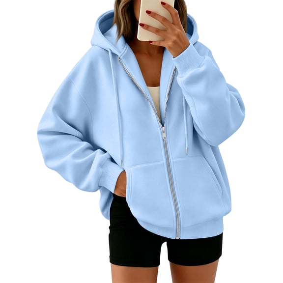 ASDFVBKG Women's Full Zip Up Hoodie Long Sleeve Hooded Sweatshirts Pockets Jacket Coat for Women Light Blue XL