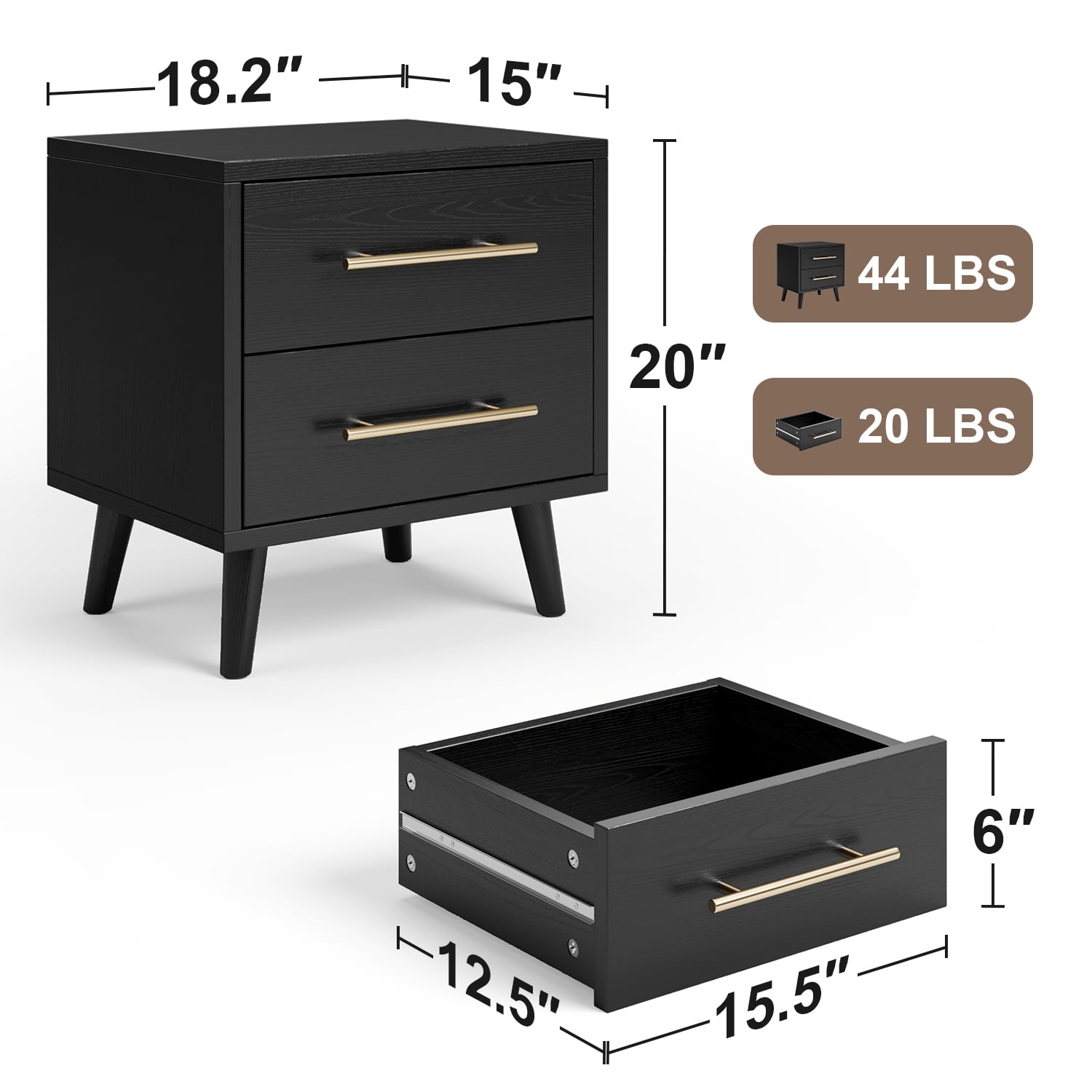 Aiho 2 Drawer Wood Dressers, Wide Chest of Drawers with Gold Handles for Living Room , Black