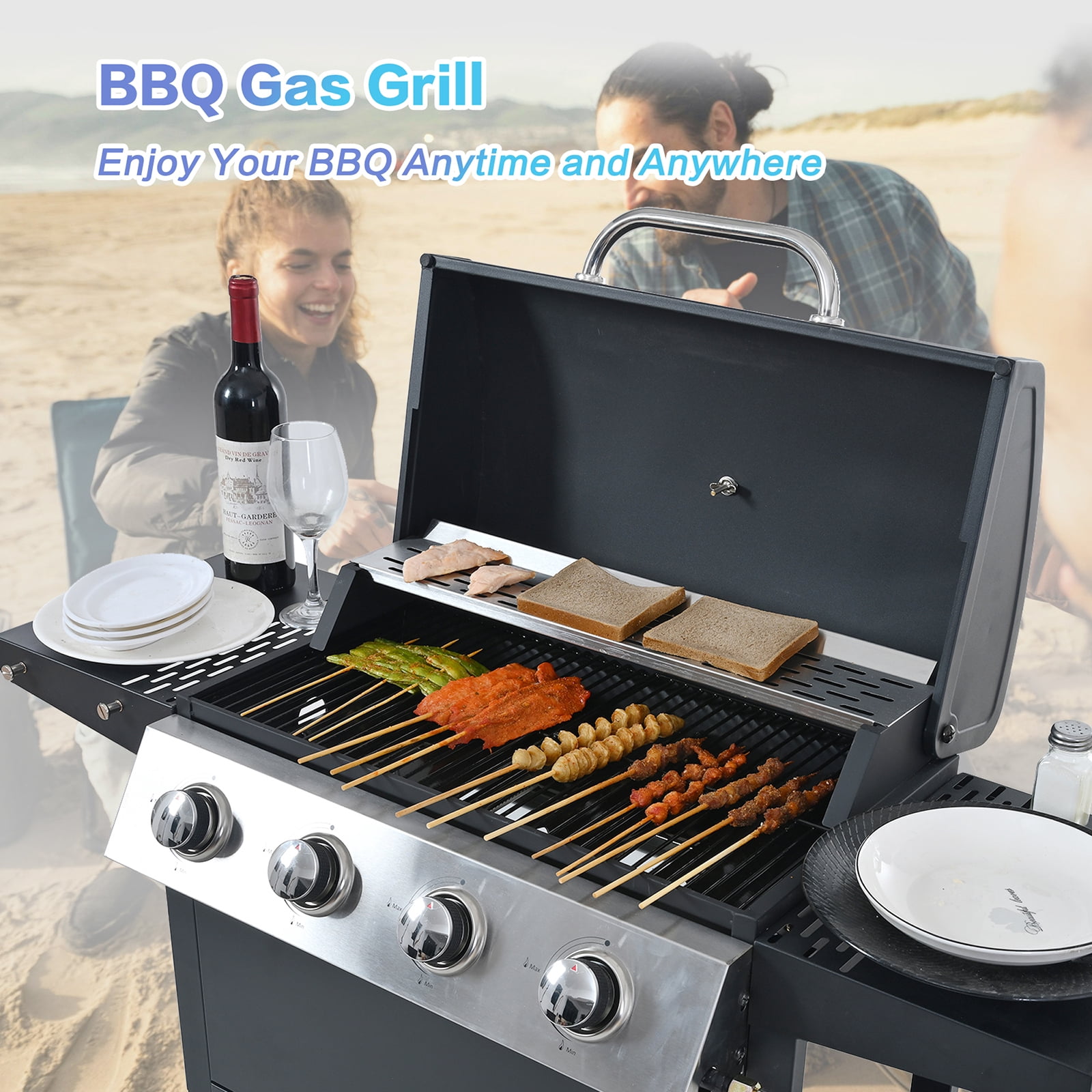 34,000 BTU Propane Gas Grill 4 Burner BBQ Grill, Stainless Steel Patio Garden Barbecue Grill with Two Shelves, Lid, Wheels and Bottle Opener