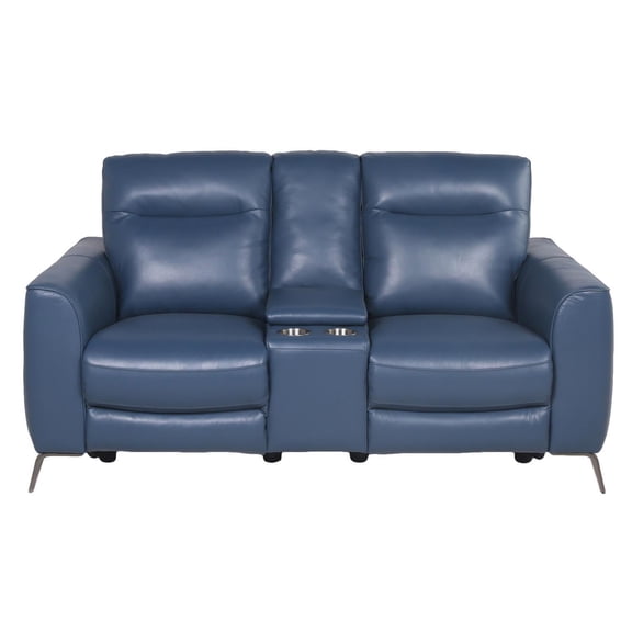 Sansa Ocean Blue Top Grain Leather Power Reclining Console Loveseat