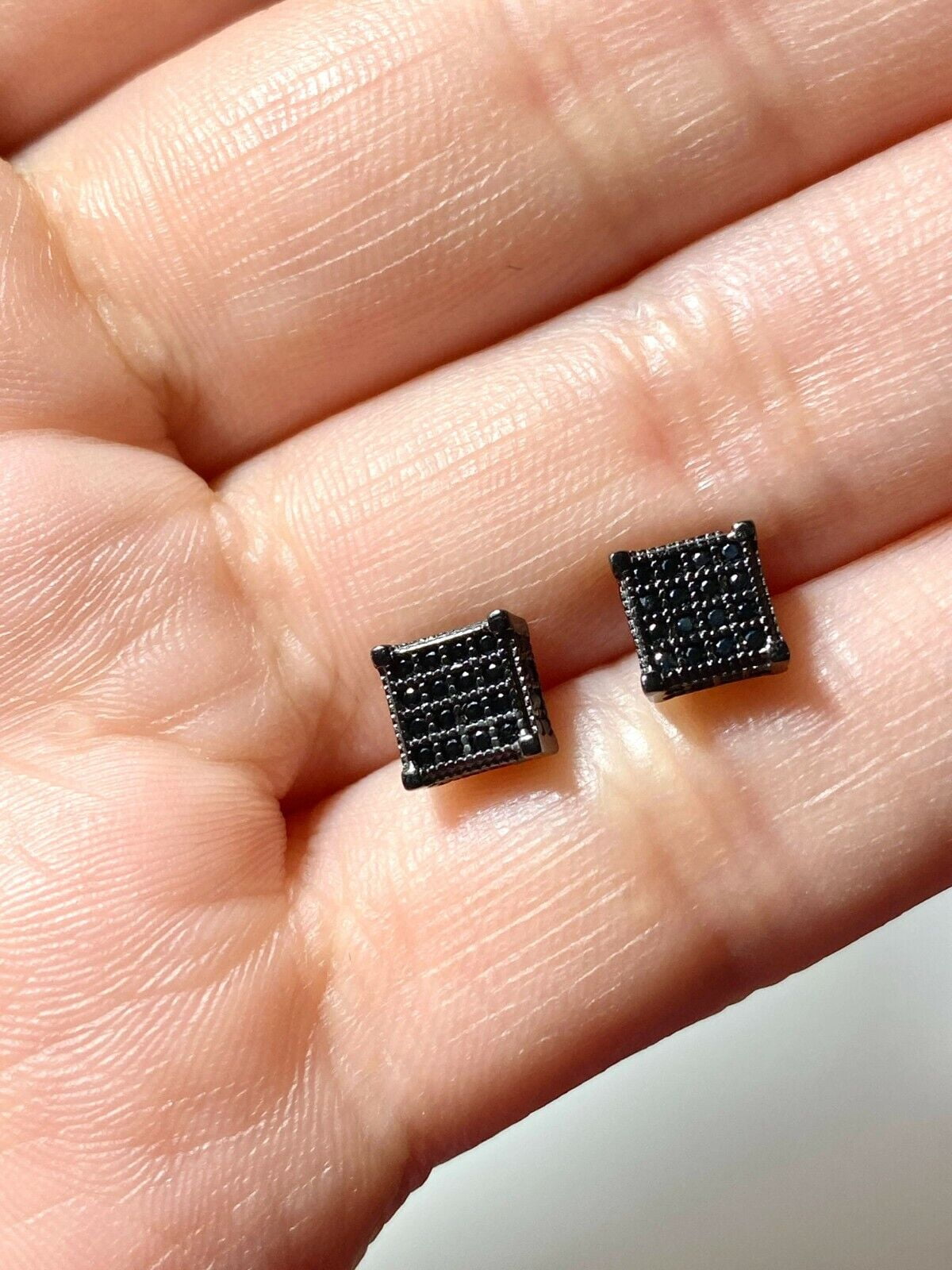 TAAPSEE JEWELS 14k Black Gold Over Silver Cluster Square Screw back Stud Earrings Black Round Diamond