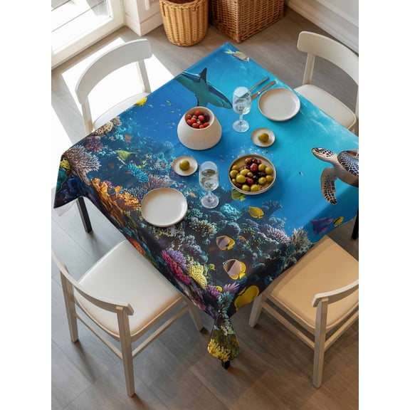 Turtle Tablecloth Square Table Cloth 54x54, Waterproof Tablecloth Outdoor Table Cloth, Blue Ocean Sea Shark Coral Cartoon Fish Summer Washable Table Cover for Kitchen Dinning Party