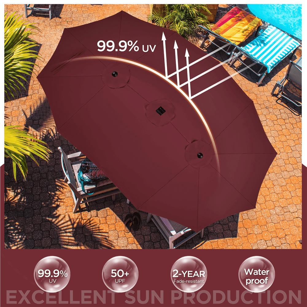 Renwick 15 ft Twin Patio Parasol Umbrella with Base & LED Lights, Burgundy