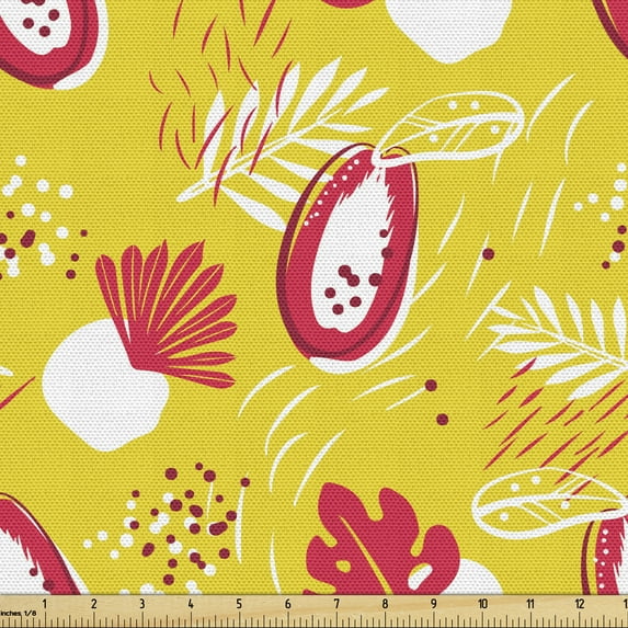 Tropical Fabric by the Yard Upholstery, Natural Demonstration with Abstract Papaya and Plants on Yellow, Decorative Fabric for DIY and Home Accents, Yellow Dark Coral by Ambesonne