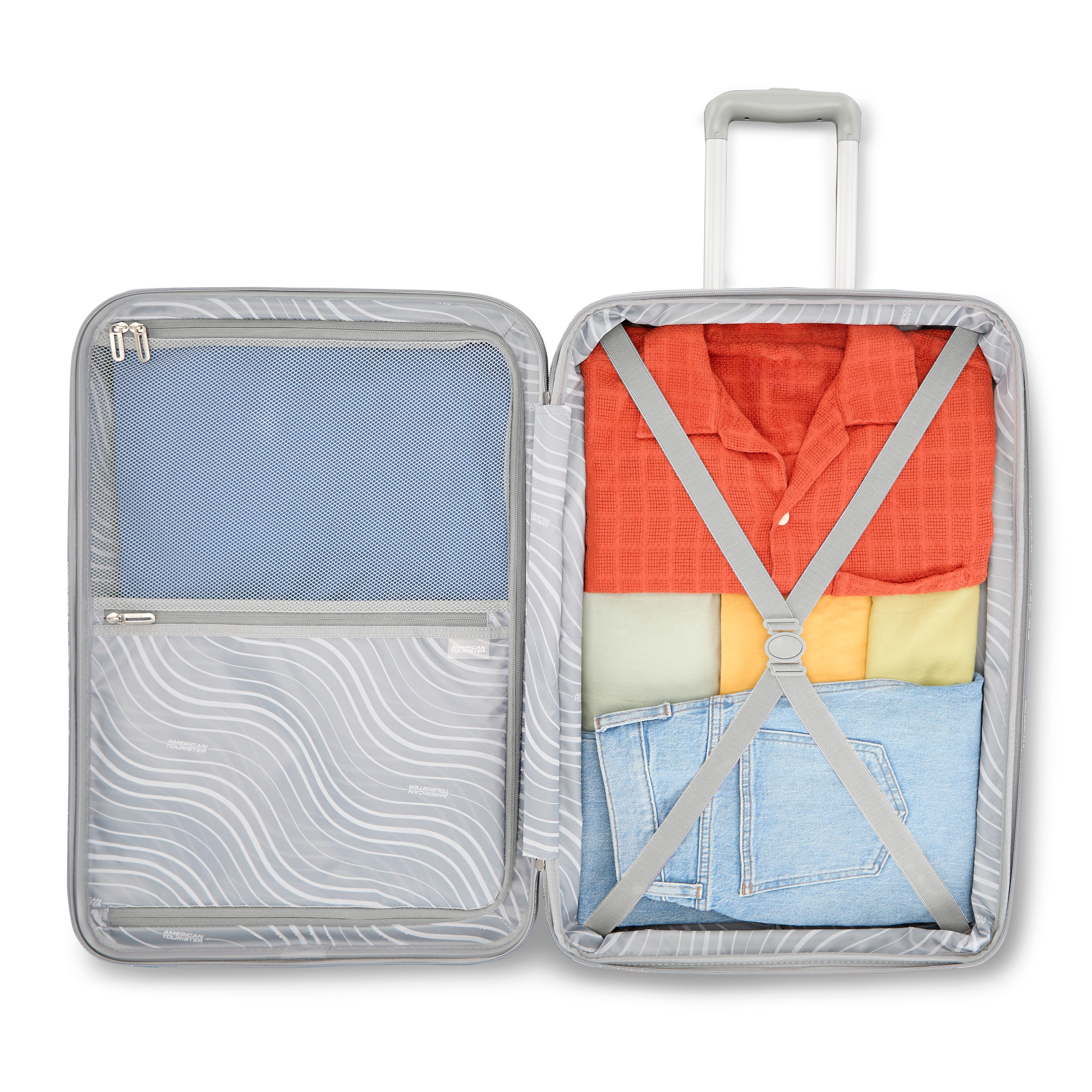 American Tourister Color Waves Large Checked Expandable Luggage Suitcase with Spinner Wheels, Silver