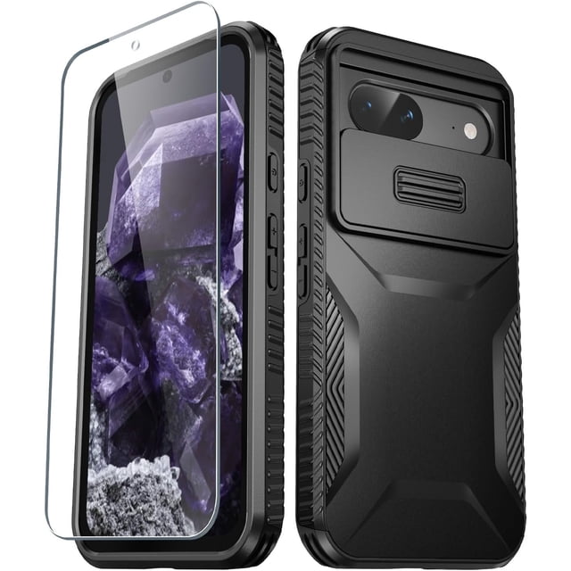 KOMI for Google Pixel 8a Case with 1 Screen Protector, Built-in Slide Camera Cover, Military Grade Drop Protection, Heavy Duty Rugged Shockproof Protective Phone Cover, Black