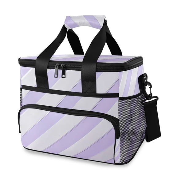 Lilac-white Diagonal Stripes Portable Cooler Lunch Box Reusable Insulated Lunch Bag Leakproof 15L