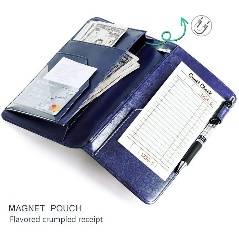 Server Book Organizer, 5 x 9 Inch Server Book Wallet with Zipper Pocket and  Pen Holder for Restaurant Waitress Waiter, Blue 