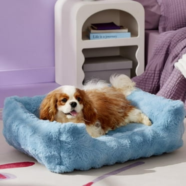 Lesure Fluffy Dog Beds for Medium Dogs - Rectangle Orthopedic Calming Pet Sofa,Plush Bubble Bolster Pet Bed with Removable Washable Cover and Nonskid Bottom,30x24x8inches,Blue