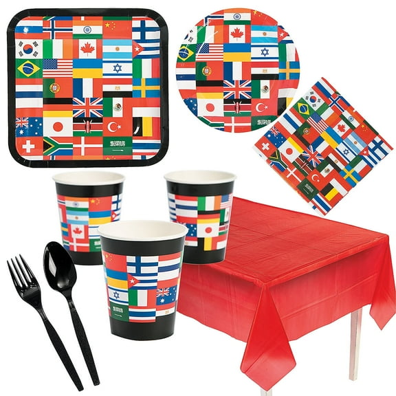 Fun Express 57 Pc. Flags of All Nations Party Tableware Kit for 8 Guests