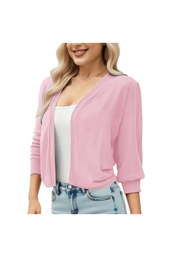 Womens Chiffon Cardigan 3/4 Sleeve Lightweight Crop Cardigan Jacket Casual Loose Solid Color Tops Blouses