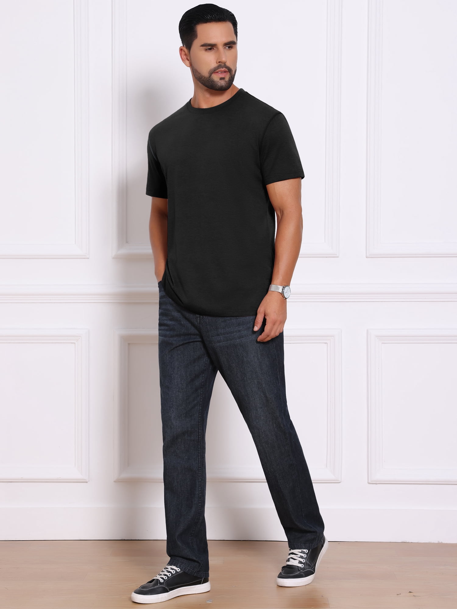 DARING DIVA Men's Crew Neck Short Sleeve Solid Color Retro Style T-Shirt M Black