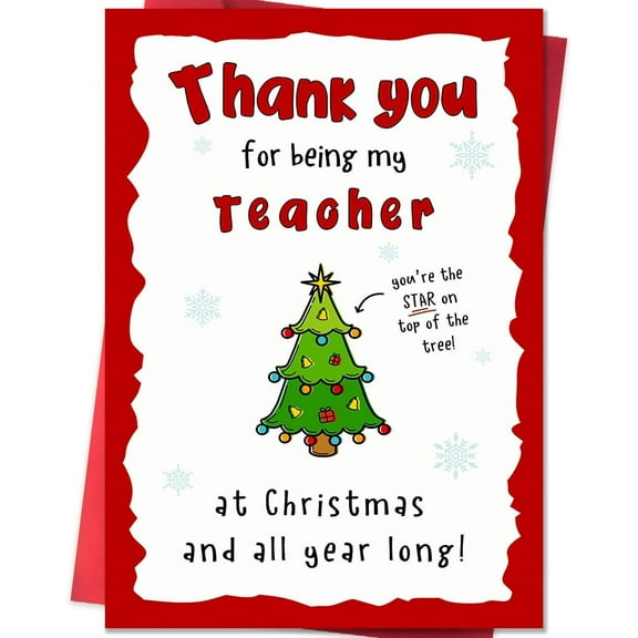 Thank You Teacher Christmas Card – Cute Tree Design with Personalized Message Space – Perfect Gift for Educators at Christmas and All Year Round