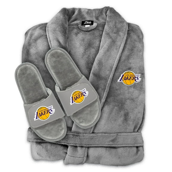 Unisex ISlide Gray Los Angeles Lakers Faux Fur Slide Sandals & Robe Bundle