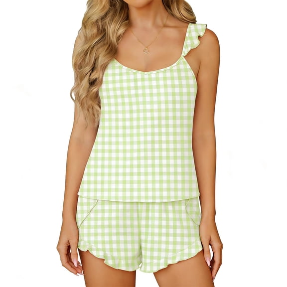SYMOID Womens Blue Gingham Ruffled Pajama Set Cami Shorts 2 Piece Soft Lounge Sleepwear with Pockets S-XXL,Size 2XL