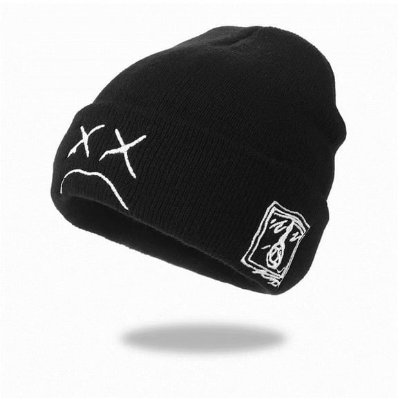Sad Face Embroidery Graphic Beanie Hip Hop Cuffed Beanies Unisex