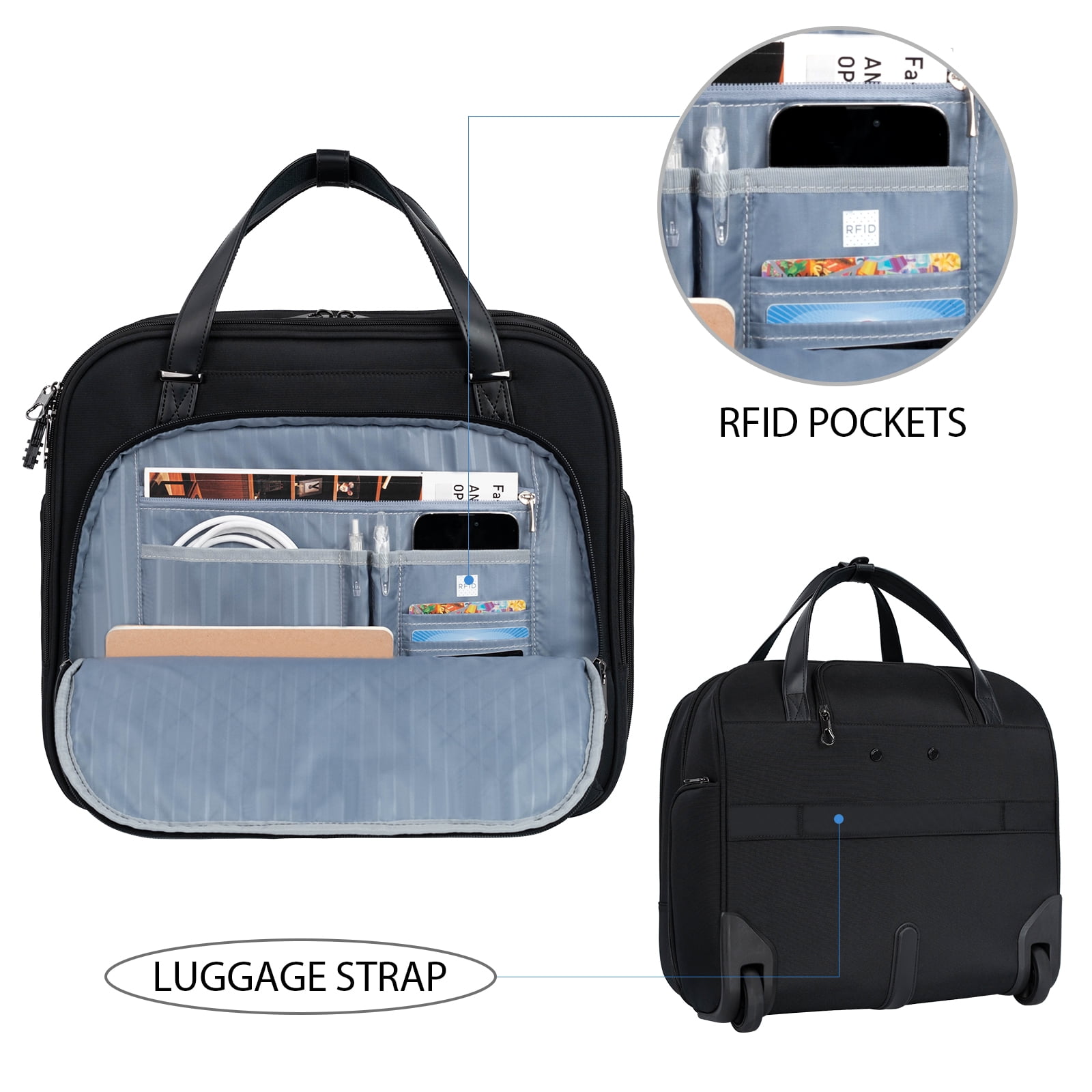 KROSER Rolling Laptop Briefcase, 15.6 Inch Fabric Laptop Bag, Black