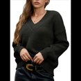 thumbnail image 3 of Suéter de Larga con Cuello en V para Mujer, Suéter Holgado de Punto Grueso de Gran Tamaño. Negro M, 3 of 8