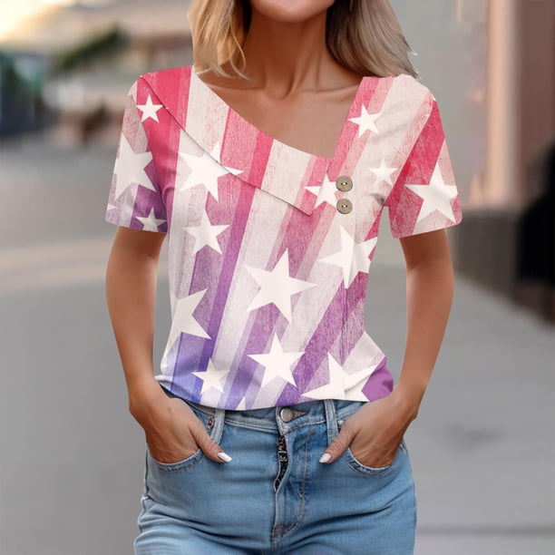 Fiudx Ofertas Flash Del Día Top Informal de Primavera y Verano de Manga Corta con Cuello En V para Mujer