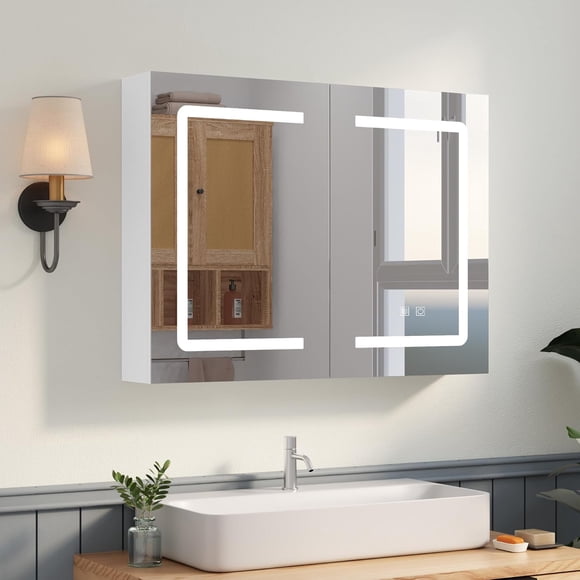 MELLCOM 24 x 30 inch LED Medicine Mirror Cabinet with Sockets & USBs, Wall Mounted Bathroom Cabinet with Mirror & Storage & Anti-Fog & Dimmable & 3Color Light & Defogging & Touch Sensor & IP44