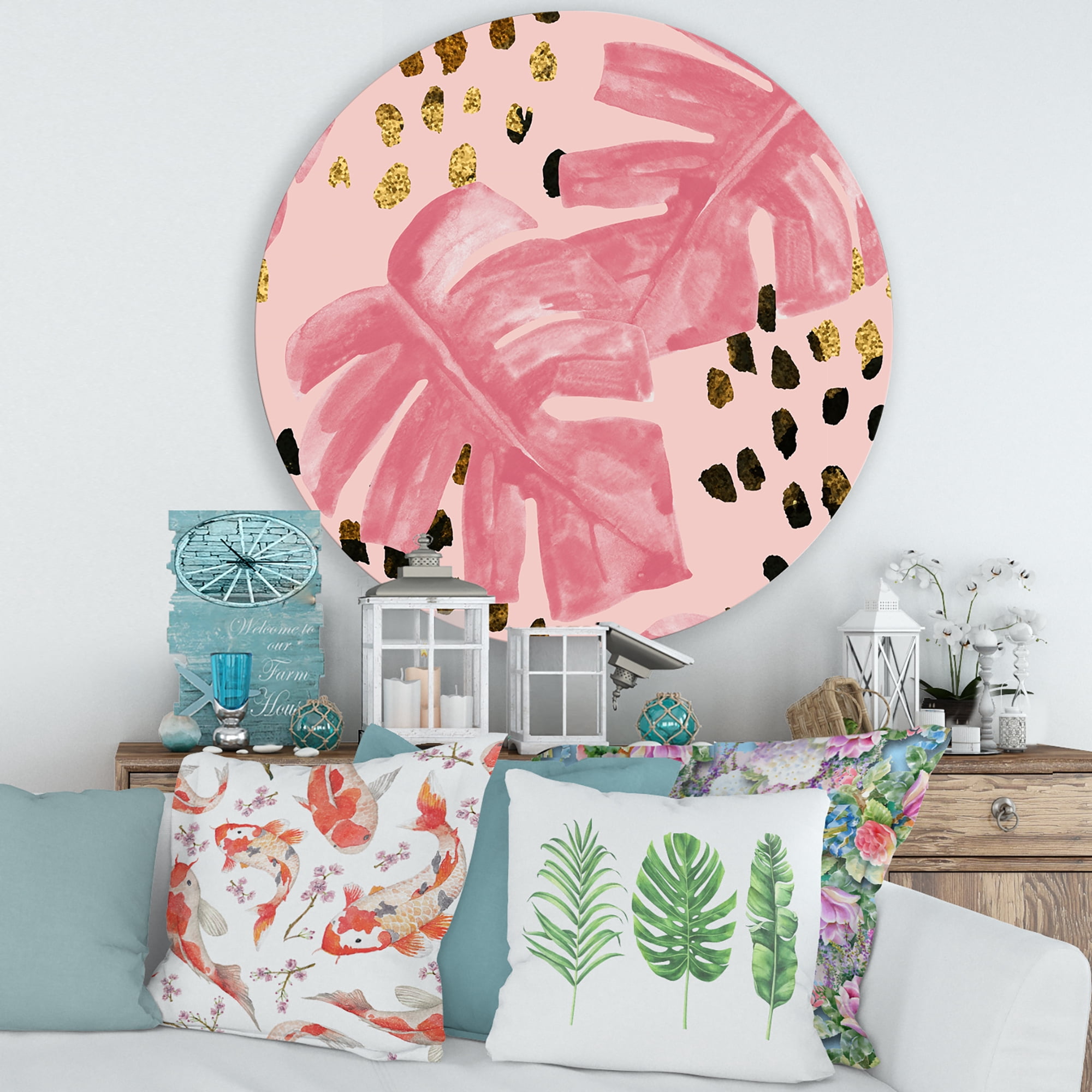 Designart 'Rough Brush Strokes Pink Colored Monstera I' Tropical Circle Metal Wall Art 36x36 - Disc of 36