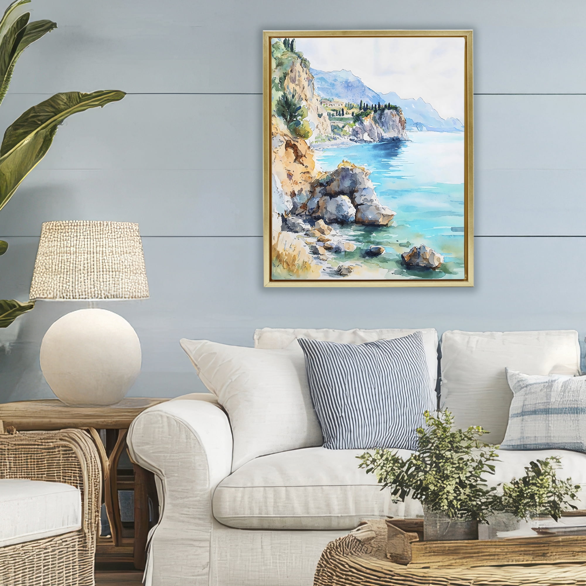 Stupell Industries Azure Italian Coastline Gold Framed Floater Canvas Wall Art, design by LSR Design Studio