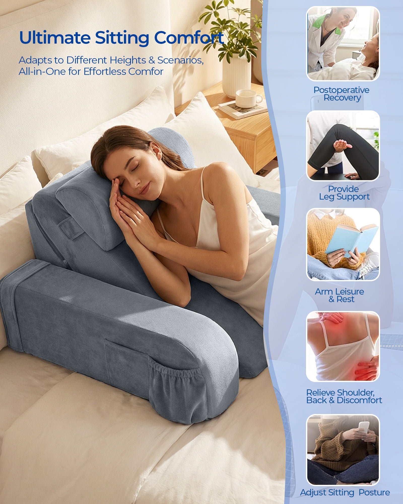 Kayfia Reading Pillow with 30-90°  Adjustable Angle & Height, 2 in 1 Back Wedge Pillow for Bed Sitting up with Detachable Arms Rest, Backrest Pillow for Reading/Gaming/Working in Bed or Couch, Medium