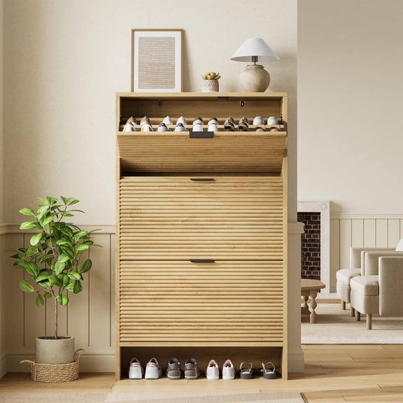 Natural Fluted 3-Flip Drawer Freestanding Entryway Shoe Storage Cabinet